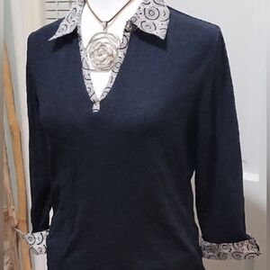 Karen Scott Womens S 100% Cotton Black Sweater Top with Layered Collar, Career